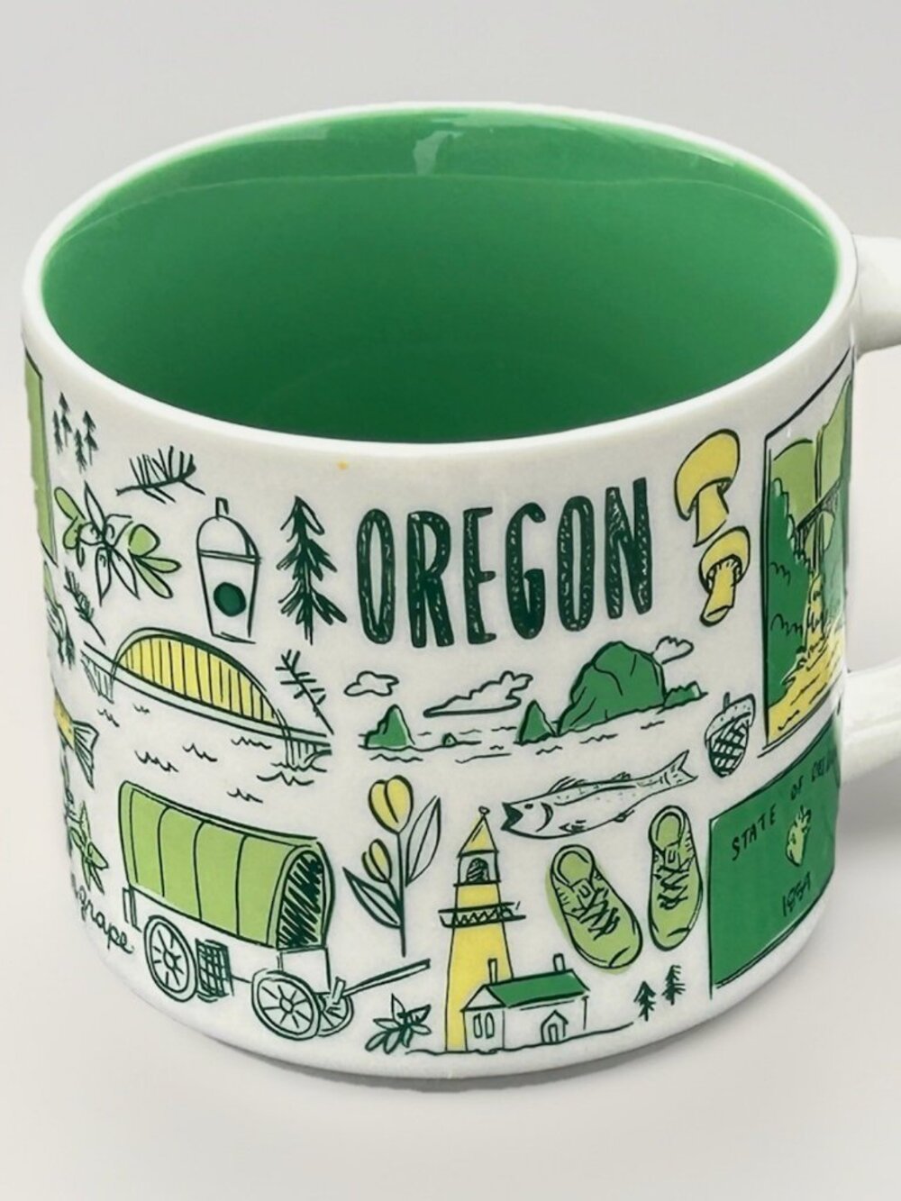 New Starbucks Been There Series Oregon Coffee Mug 14 OZ Green White Yellow